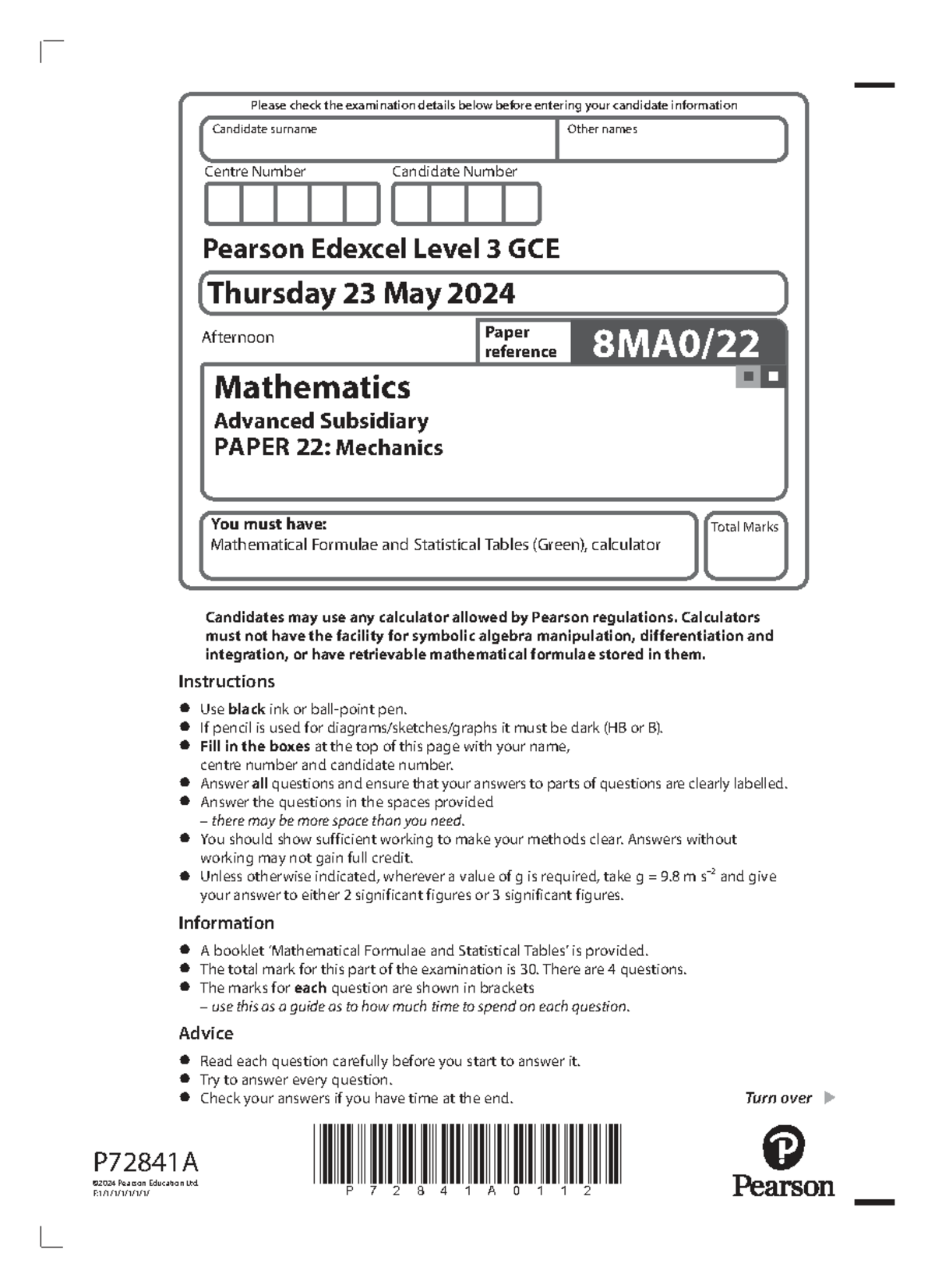 Mechanics AS Level Exam Paper 22 - May 2024 - Studocu