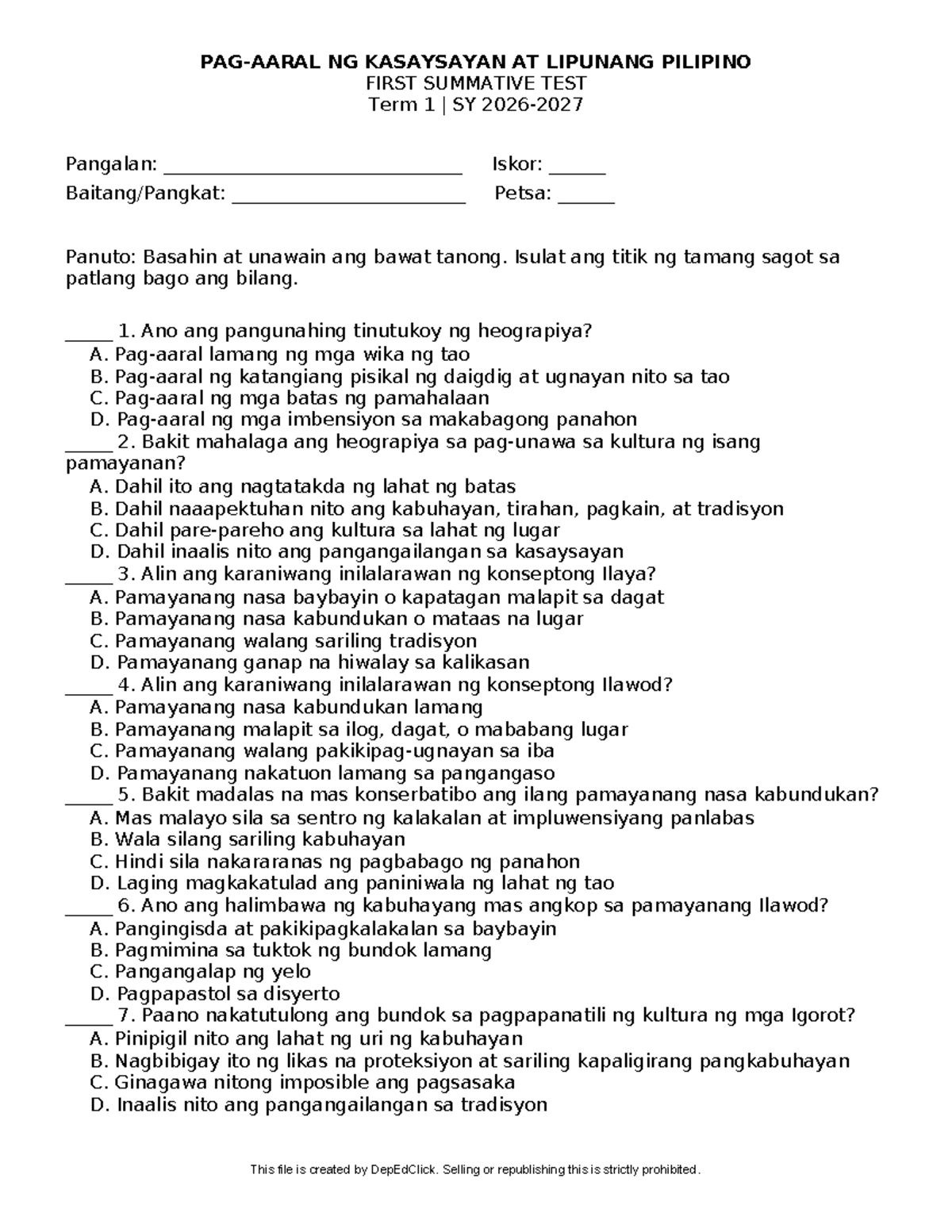 PKLP KASAYSAYAN AT LIPUNANG PILIPINO FIRST SUMMATIVE TEST Term 1 - Document Preview
