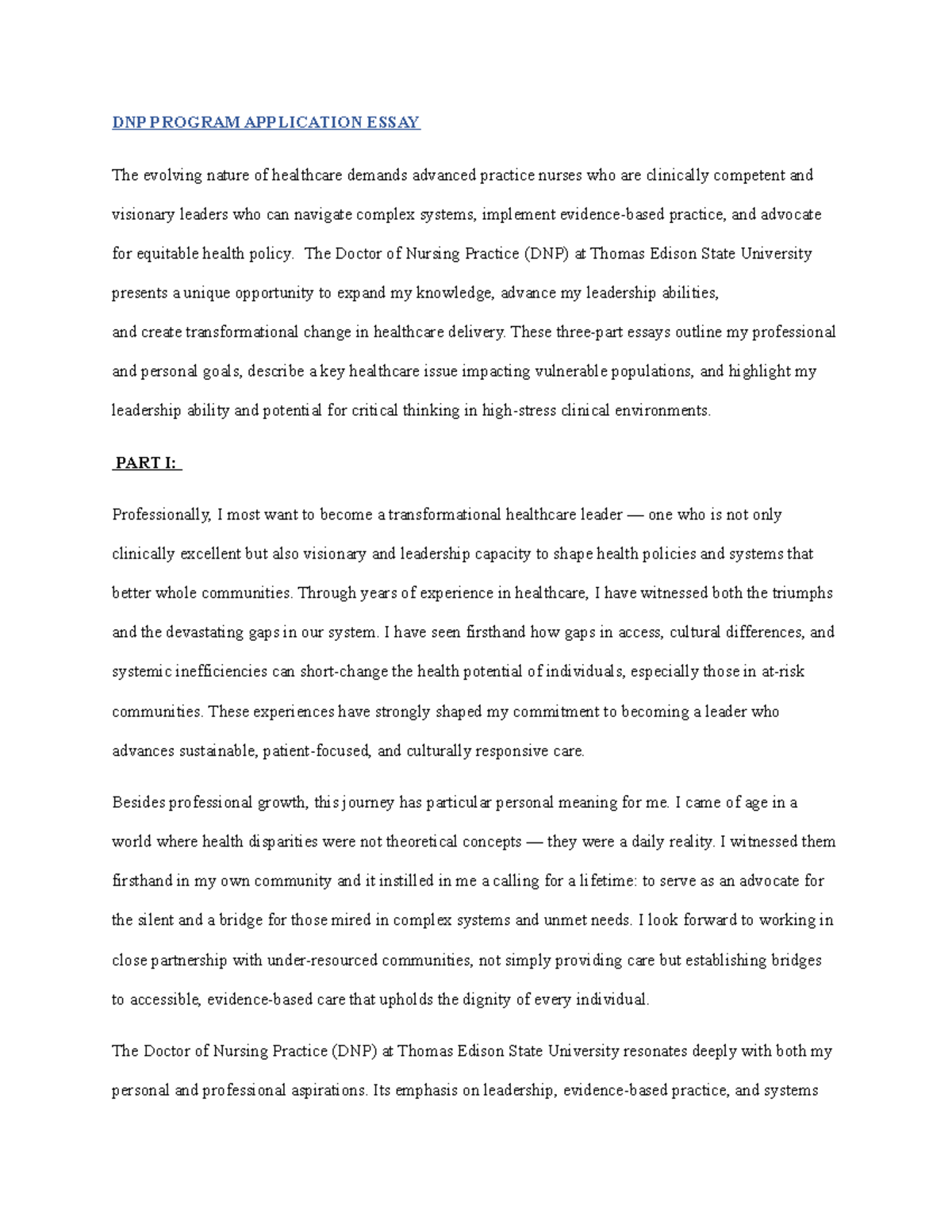 DNP 2 Program Application Essay: Transforming Healthcare Leadership ...