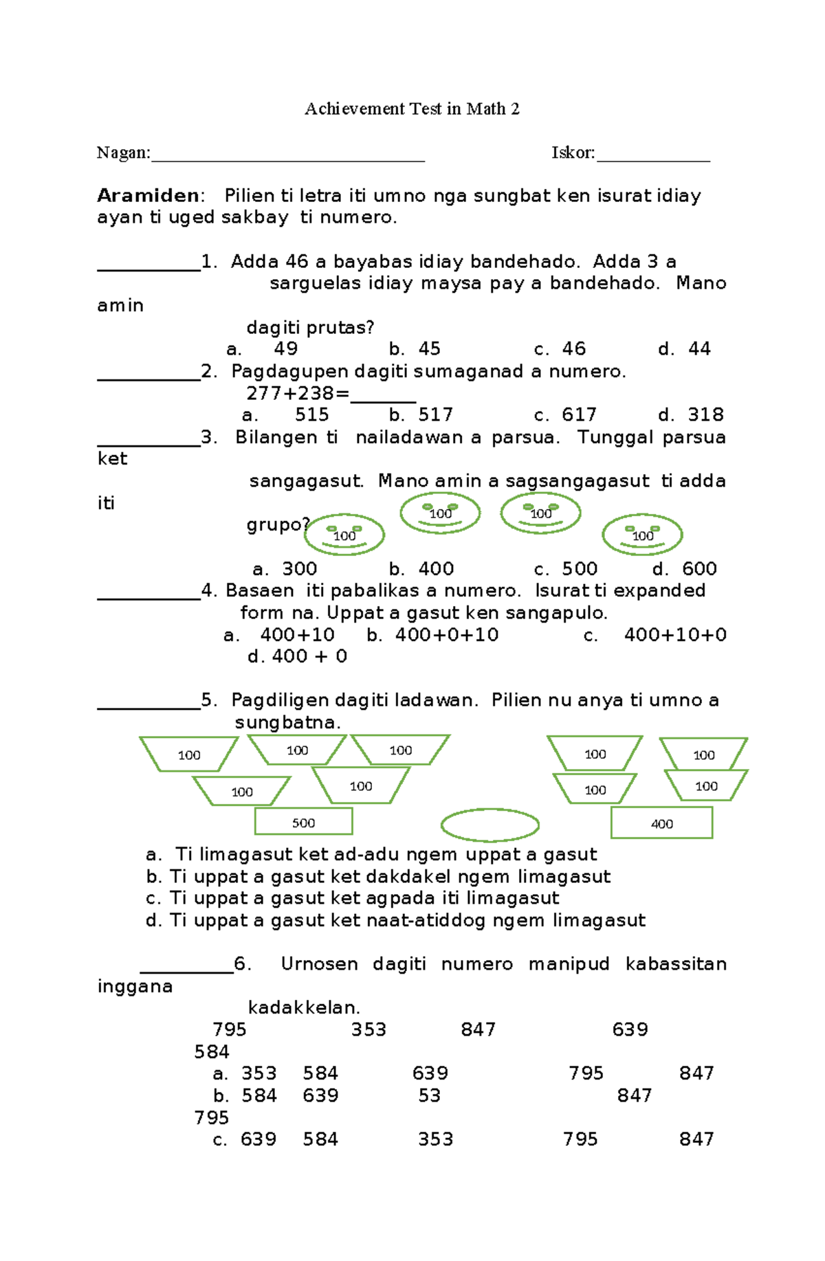 Achievement Test: Math Grade 2 Review and Practice Questions - Studocu