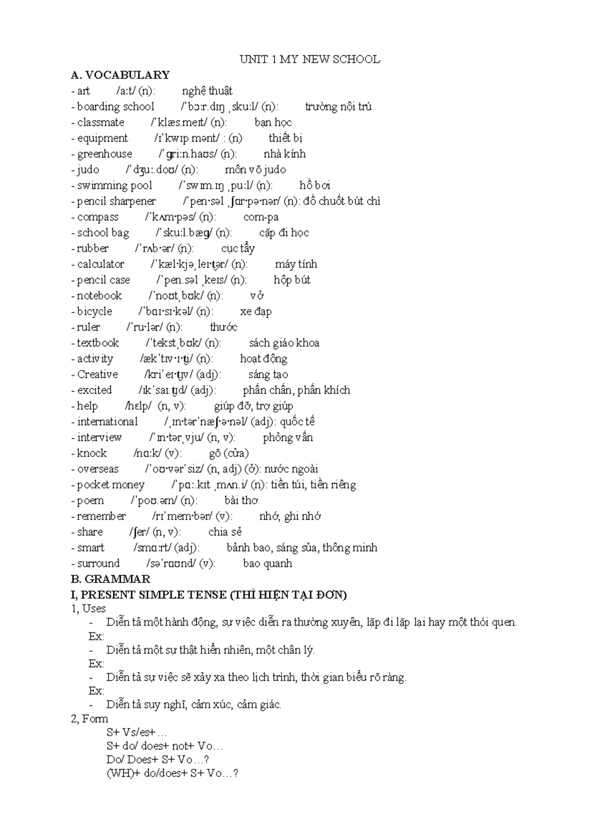 Unit 1E6 - Vocabulary and Grammar for My New School - Studocu
