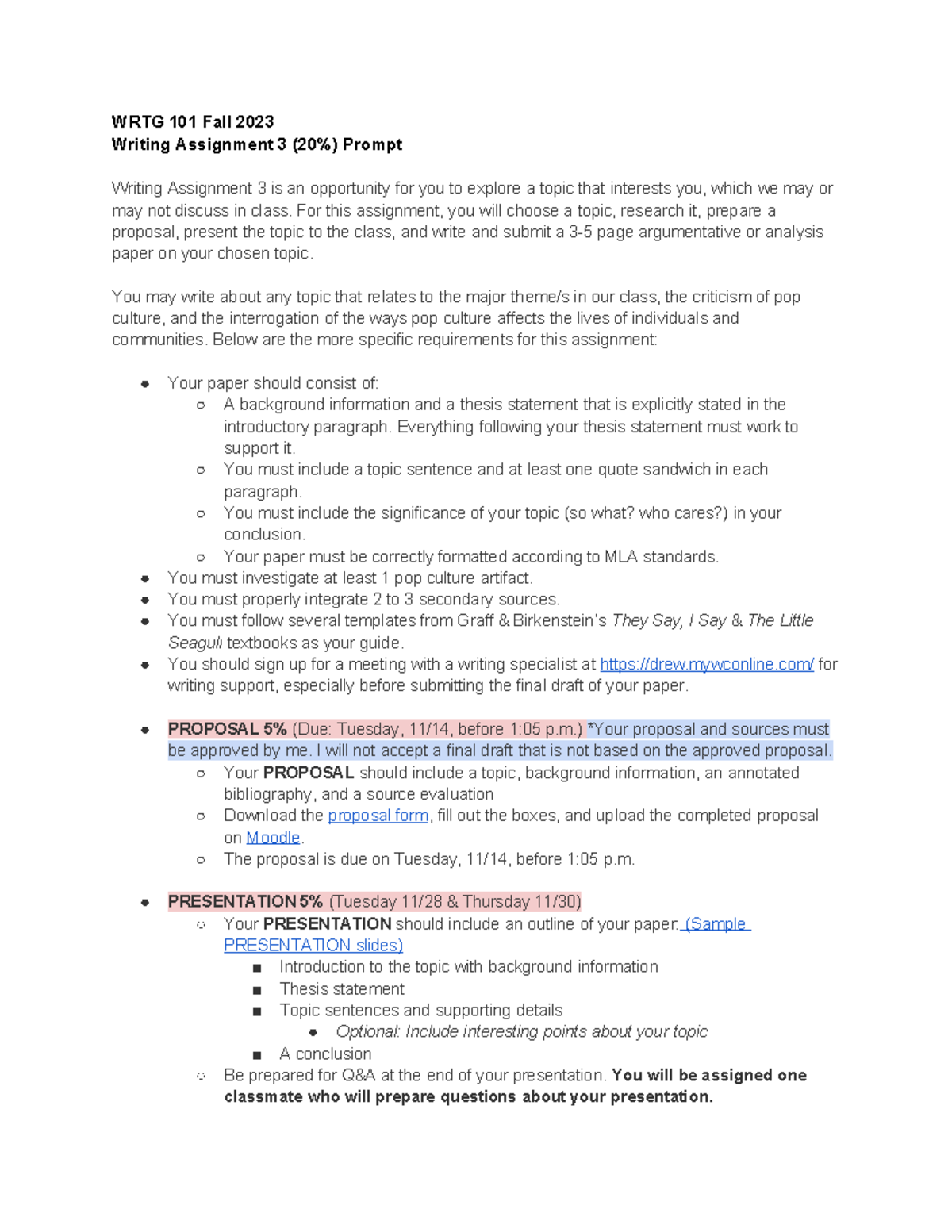 WRTG 101 FA23 Writing Assignment 3: Exploring Pop Culture Topics - Studocu