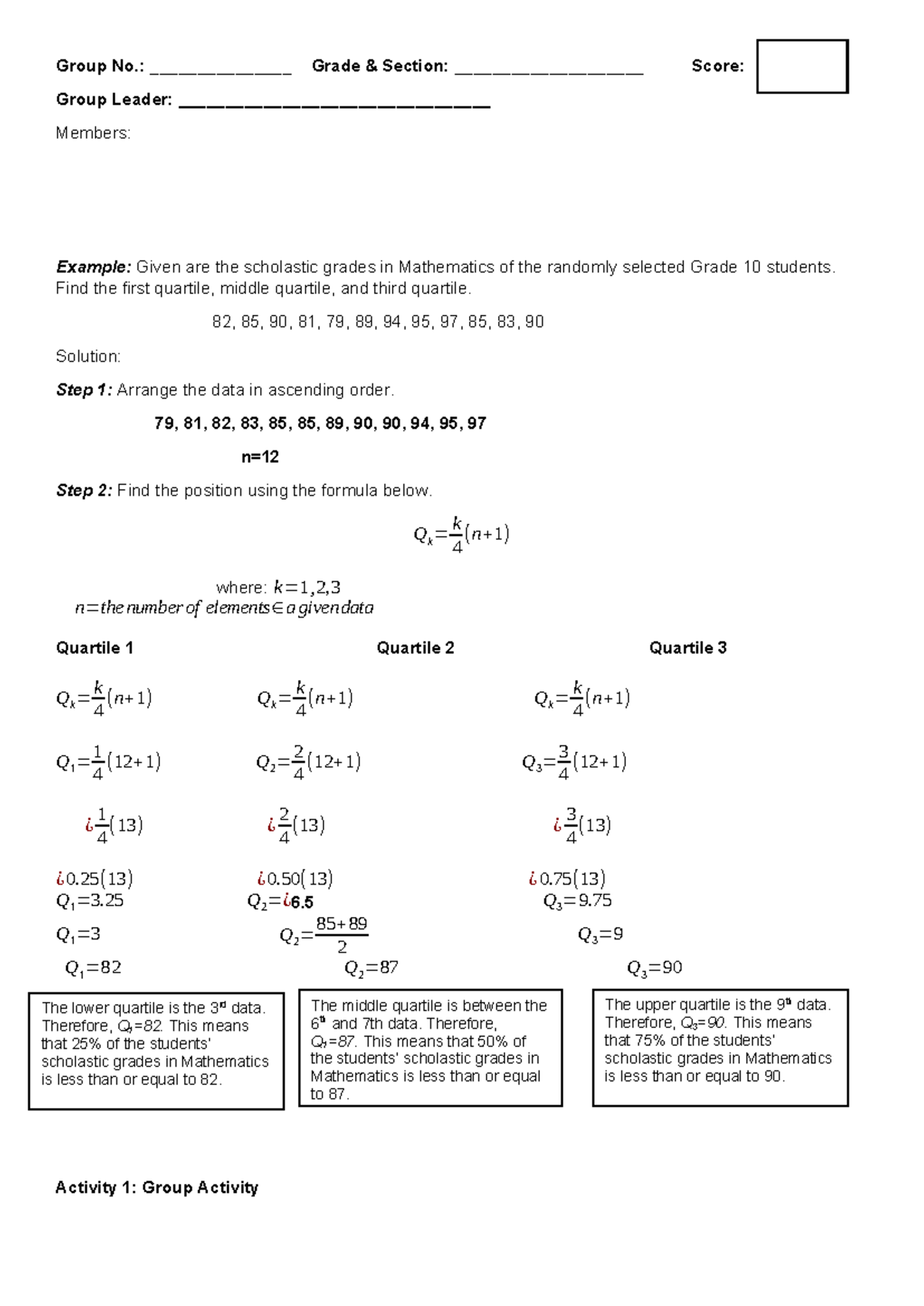 Grade 10 Math Quartiles Activity Sheet - Studocu