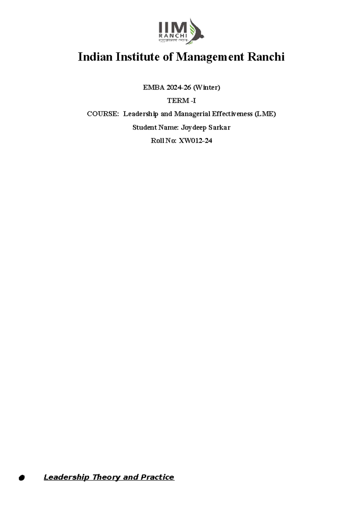 XW012-24 L&ME Individual Assignment: Leadership Theory & Practice ...