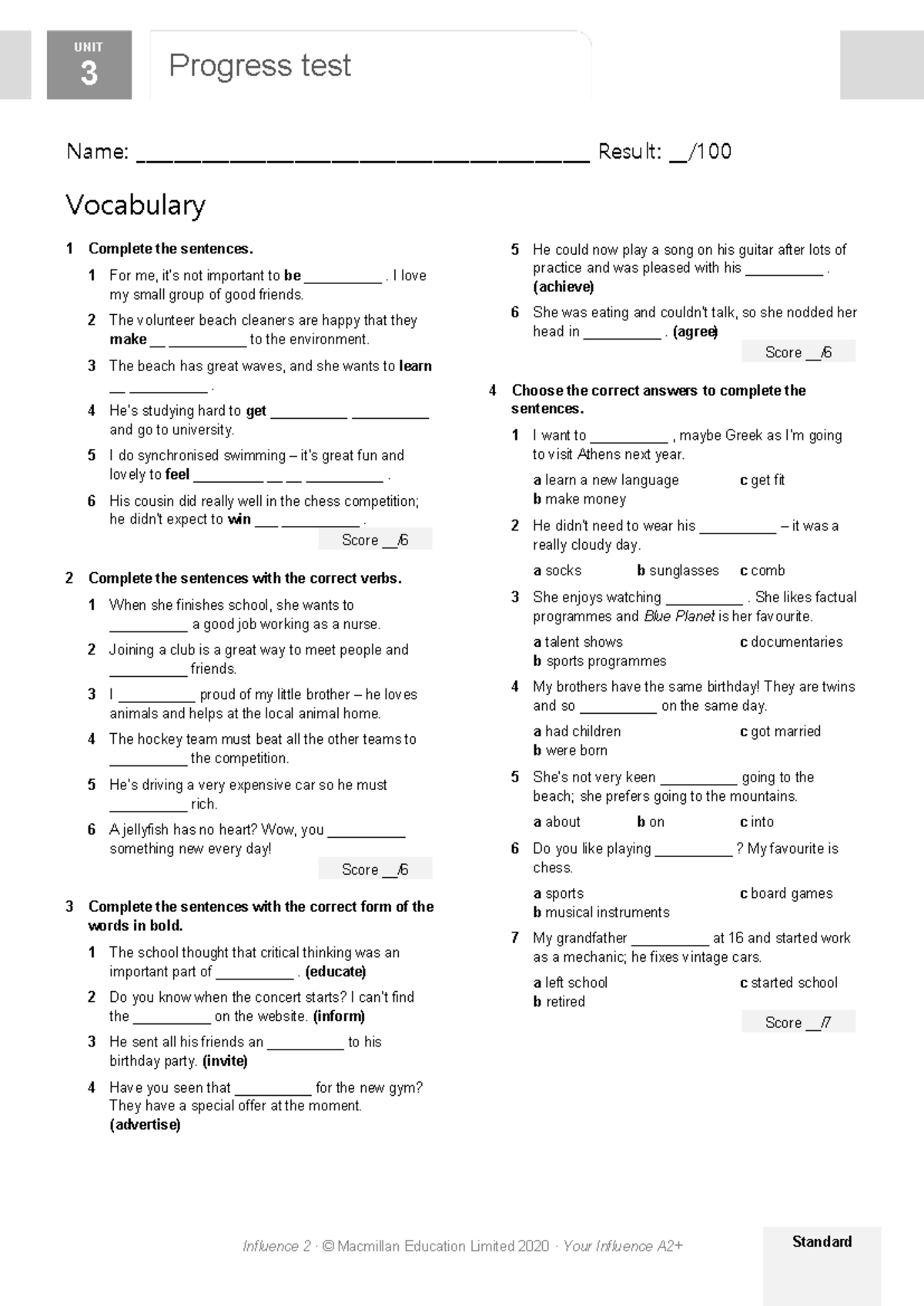 L2 A2PLUS UNIT 3 Progress Test: Vocabulary & Grammar Exercises - Studocu