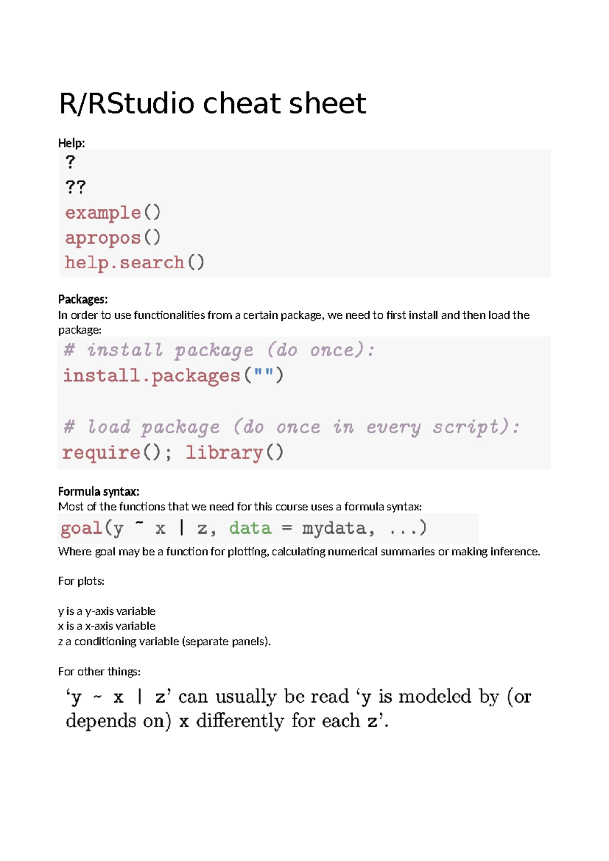 R/RStudio Cheat Sheet: Essential Packages & Functions Guide - Studocu