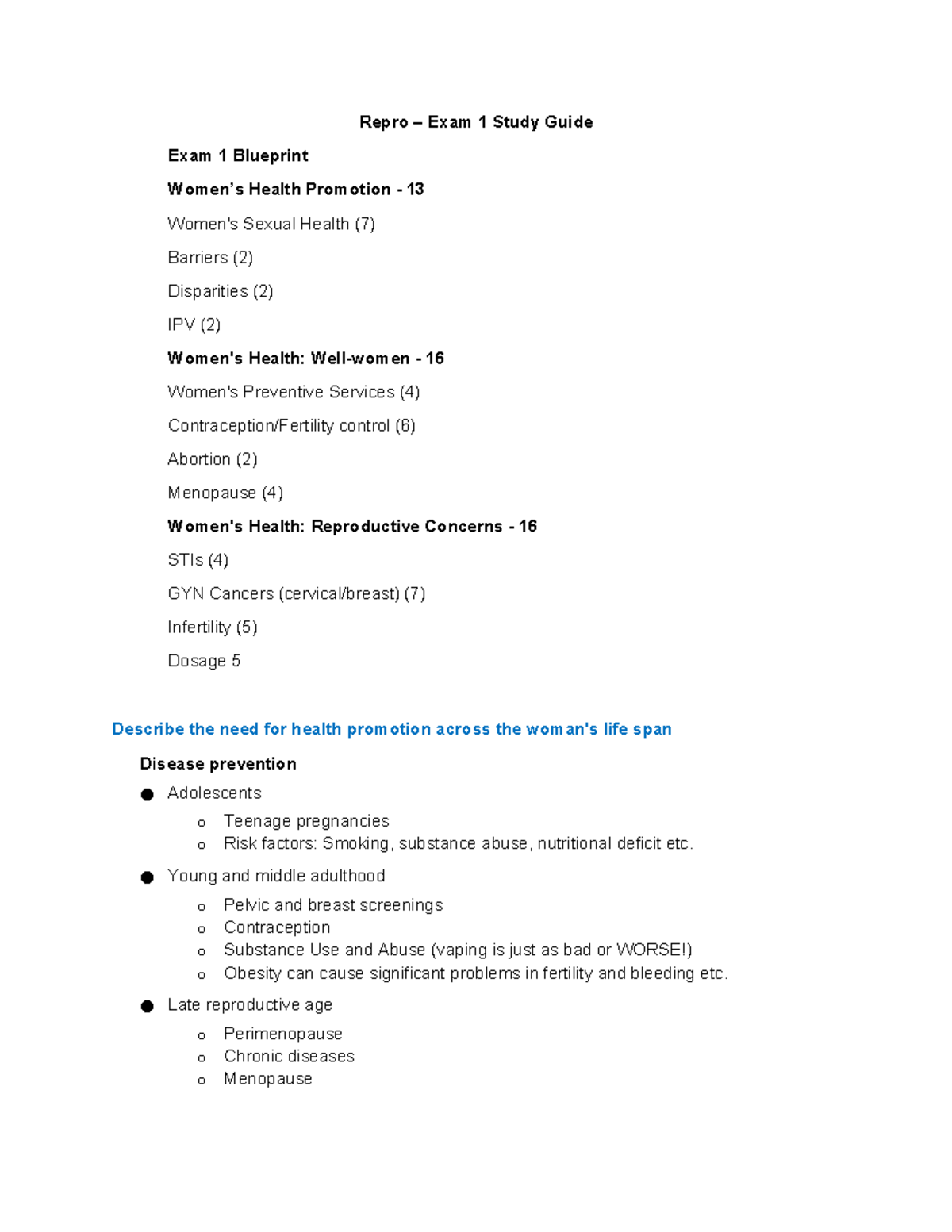 Repro - Exam I Study Guide: Women's Health Promotion Review - Studocu