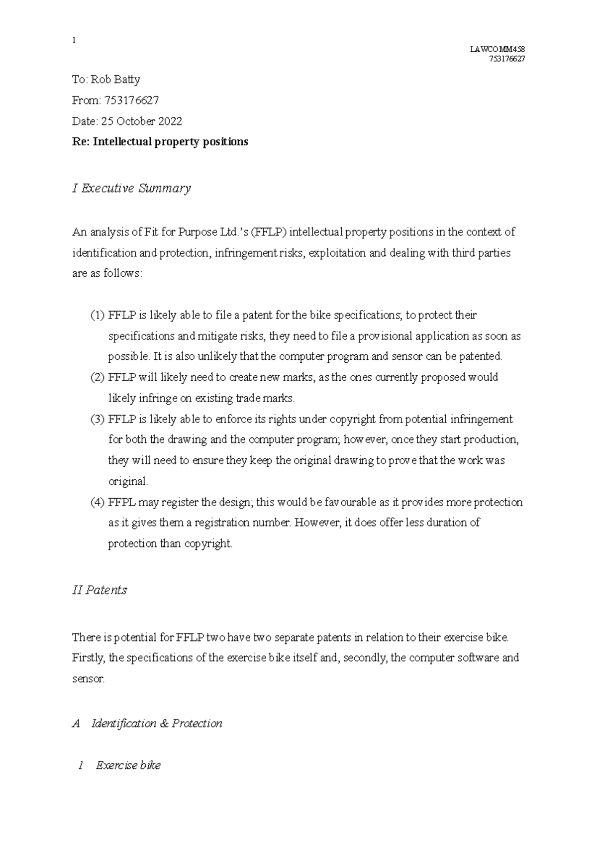 Memorandum: Intellectual Property Analysis for FFLP - Final DOC - Studocu