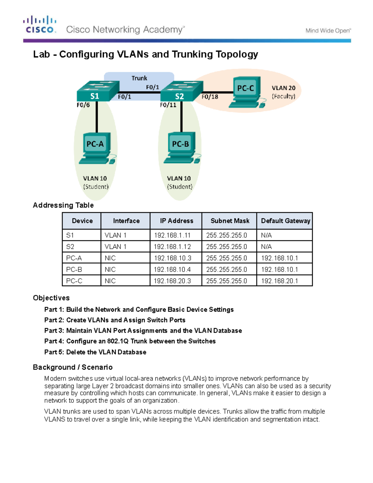Lab 8 - Configuring VLANs and Trunking Topology Guide - Studocu