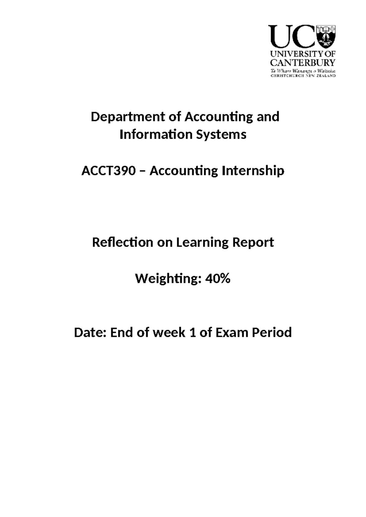 ACCT390 Internship Reflection on Learning Report S2 - Studocu