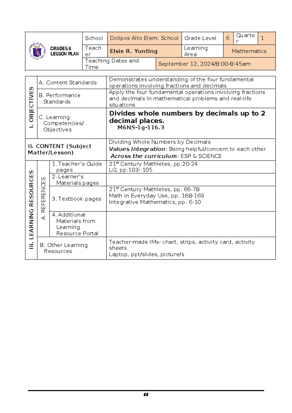 Math6 Q1 Lesson Plan: Dividing Whole Numbers by Decimals - Studocu