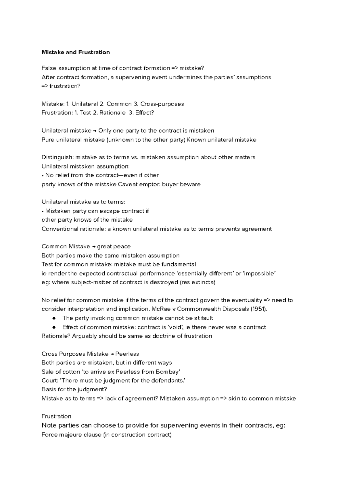 Contract law first year doc 2 Mistake and Frustration - Mistake and ...