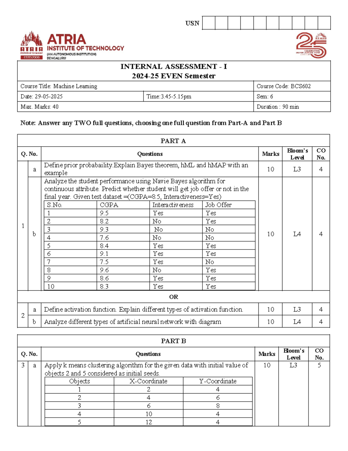 BCS602 Machine Learning Internal Assessment I - Even Semester - Studocu