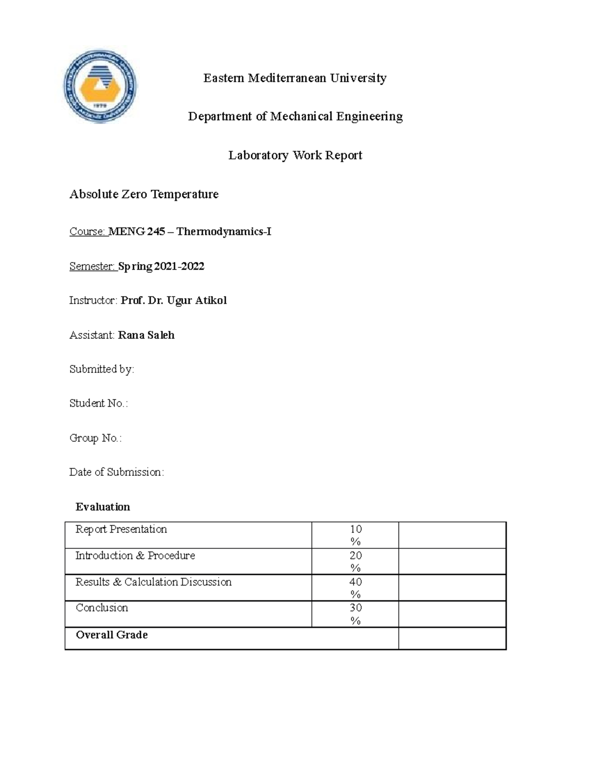 MENG245-Absolute Zero Temperature Experiment Lab Report - Studocu