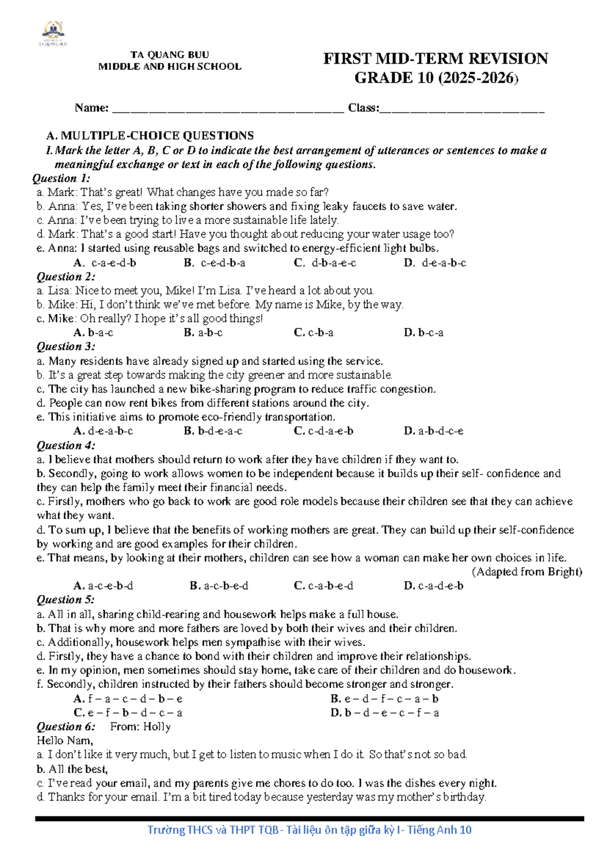 G10 - Midterm Revision Questions and Answers for English 10 - Studocu