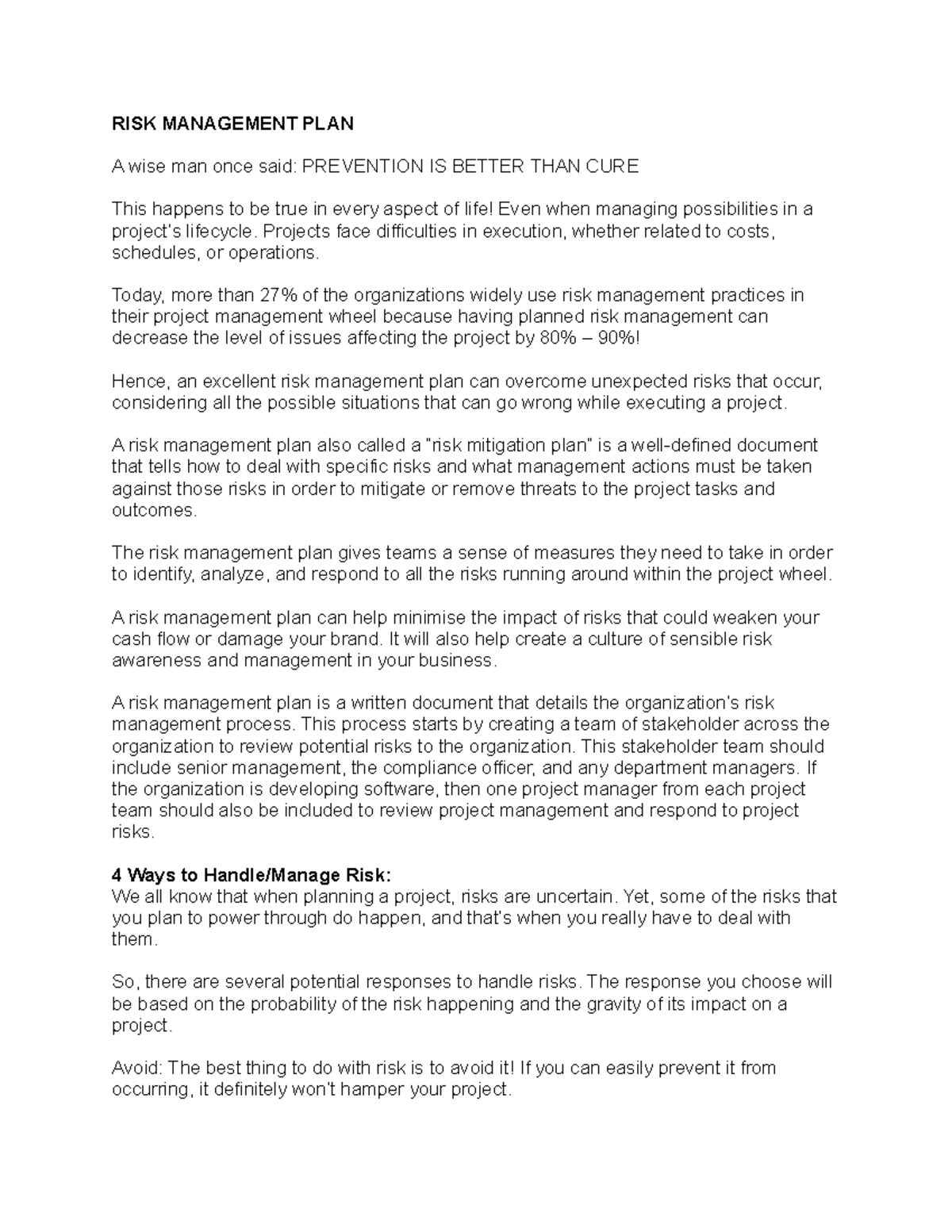RISK Management Plan - Lecture Notes on Risk Mitigation Strategies ...