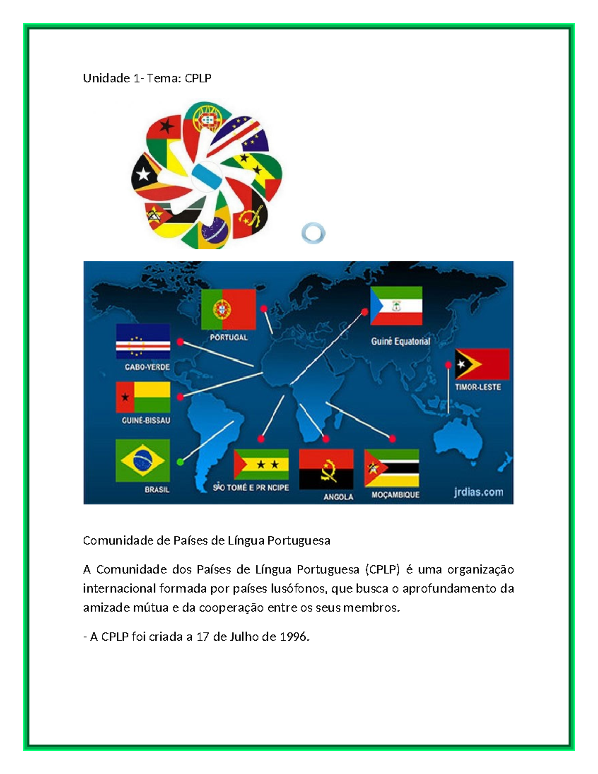 Unidade 1: CPLP - Comunidade de Países de Língua Portuguesa - Studocu