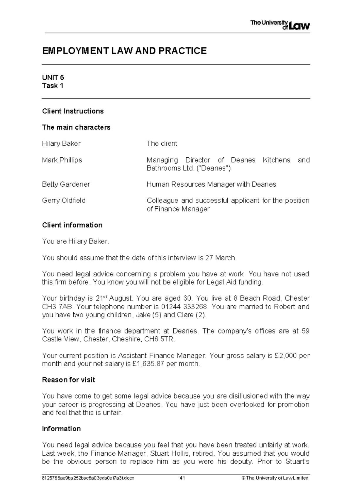 Employment Law & Practice Unit 5: Client Instructions for Task 1 - Studocu