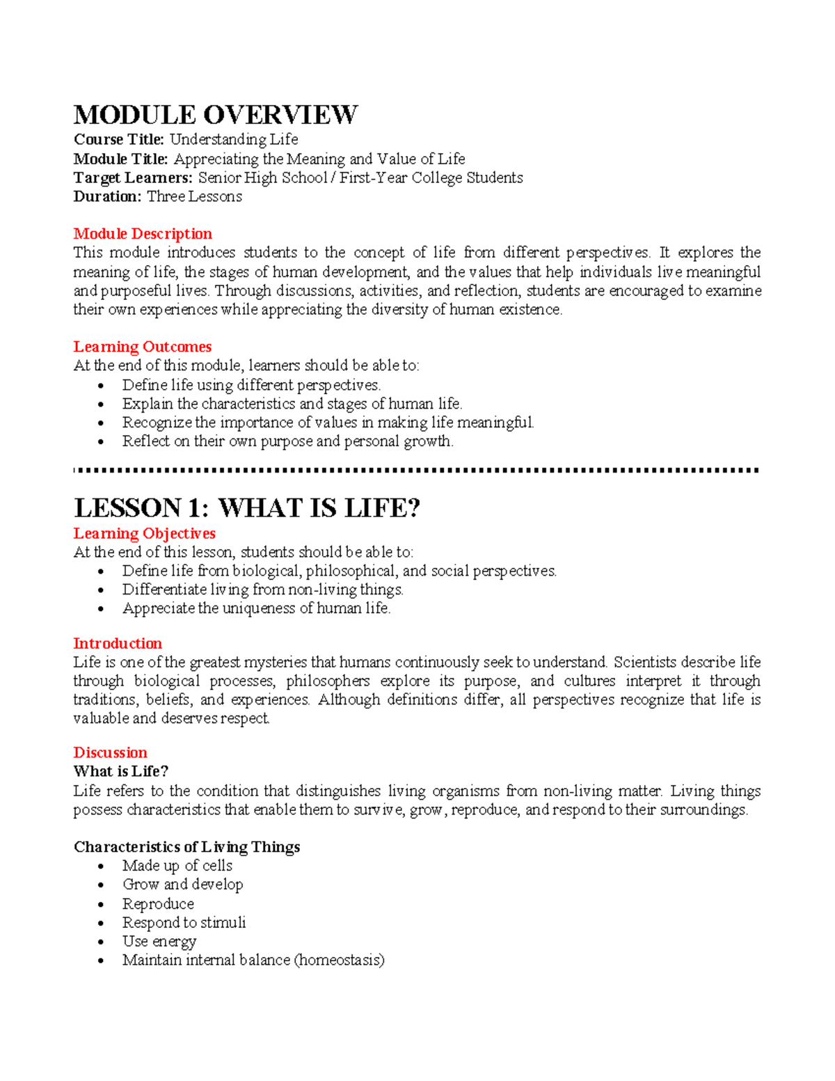 Understanding Life: Lesson 1 - What is Life? Module Overview - Studocu