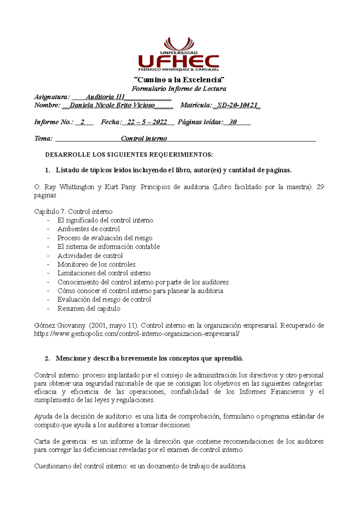 Informe de Lectura 2 - Control Interno en Auditoría III - Studocu