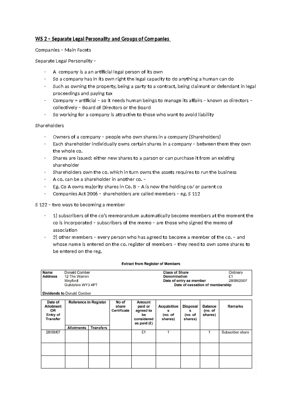 BLP - Week 2 - Notes (Print) - WS 2 – Separate Legal Personality and ...