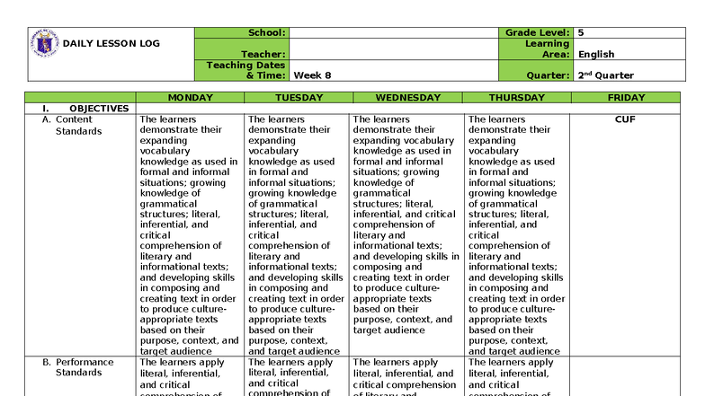 English 5 Q2 Week 8 - Daily Lesson Log and Objectives - Studocu
