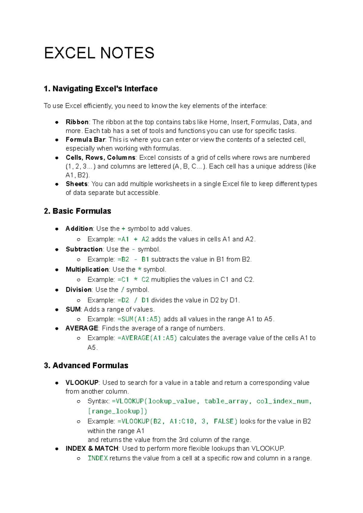 Excel Notes - EXCEL NOTES 1. Navigating Excel's Interface To use Excel ...