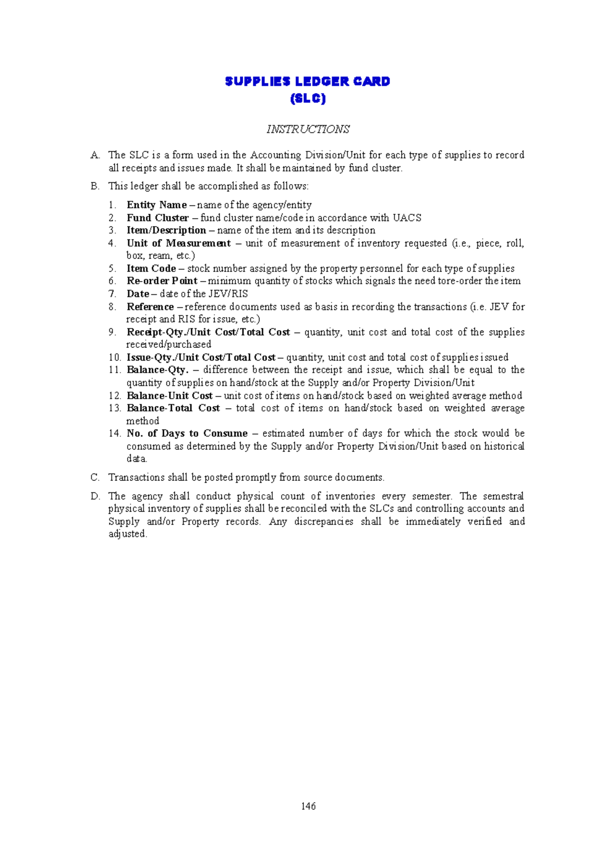 SLC Instructions for Supplies Ledger Card Management - Studocu