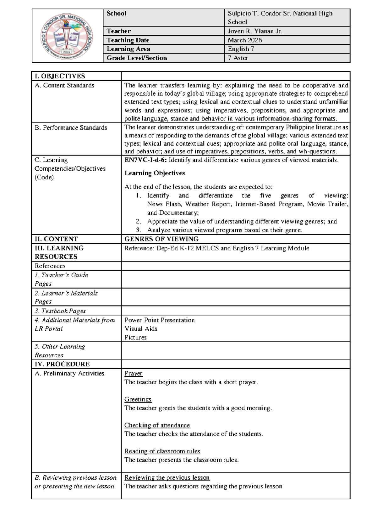 Genres of Viewing Lesson Plan - English 7 Teaching Internship - Studocu
