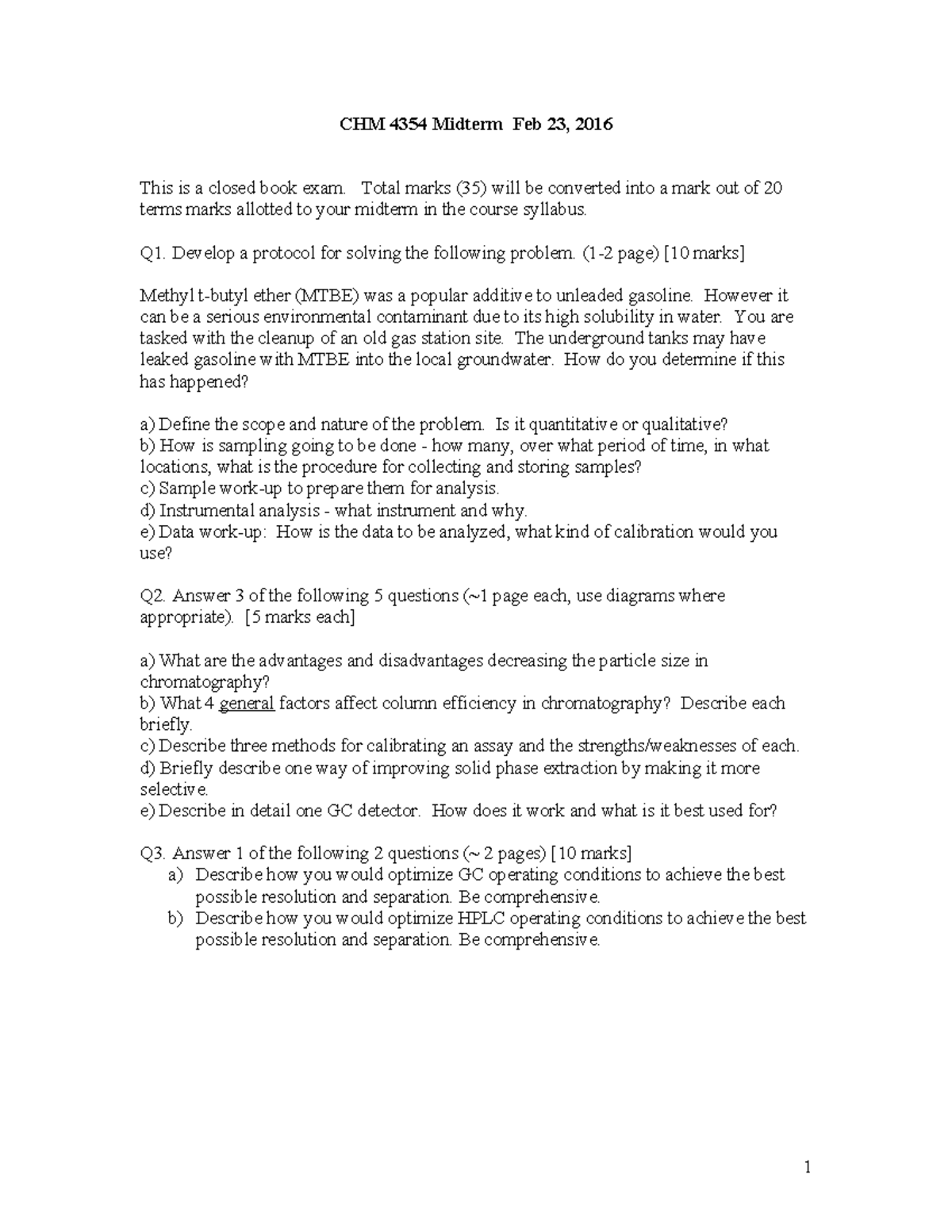 CHM 4354 Midterm Exam Protocols and Analysis for MTBE Cleanup - Studocu