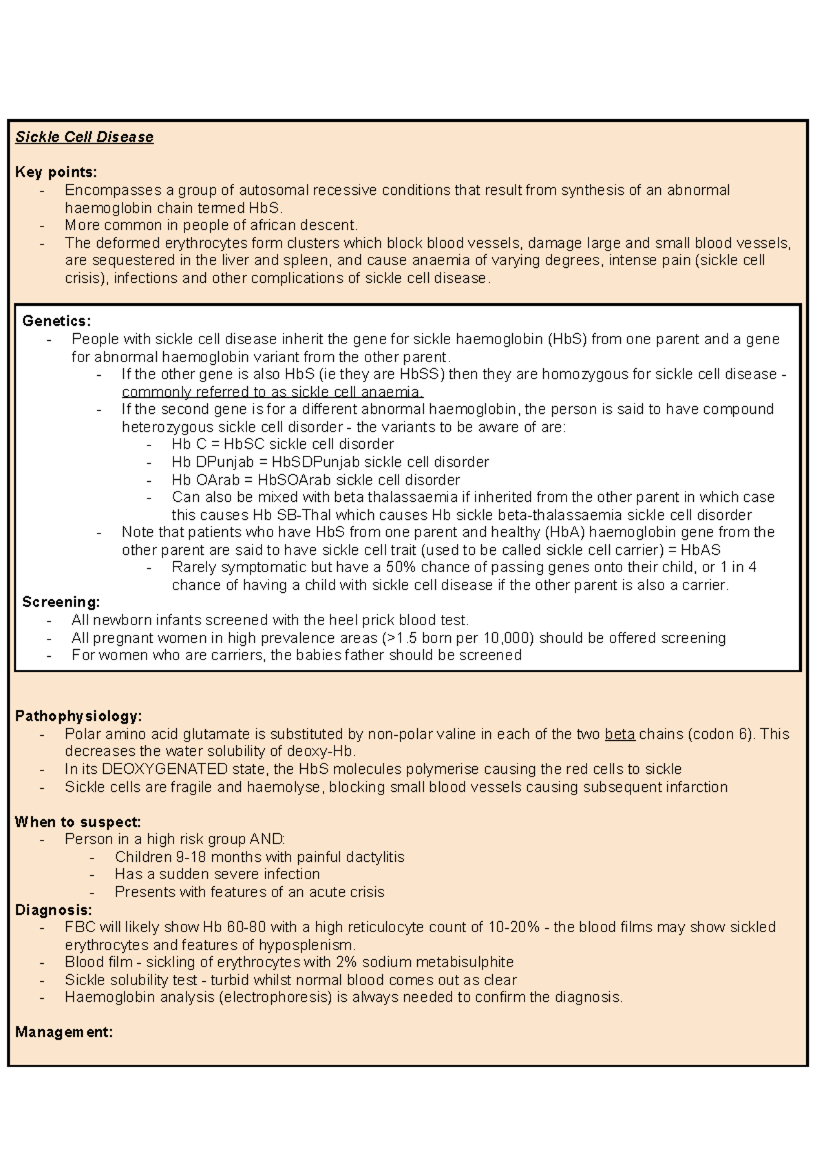Sickle Cell Disease: Key Notes on Pathophysiology & Management - Studocu