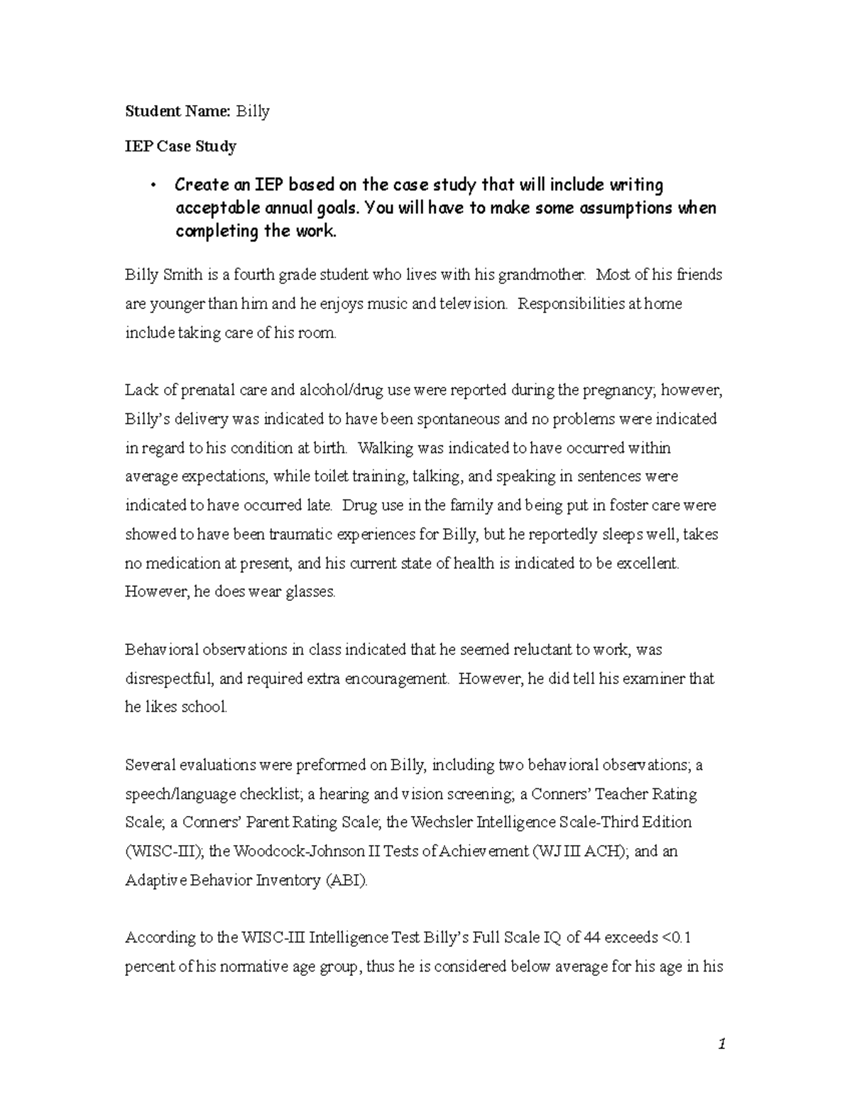 IEP Case Study for Billy - Fourth Grade Student Analysis - Studocu