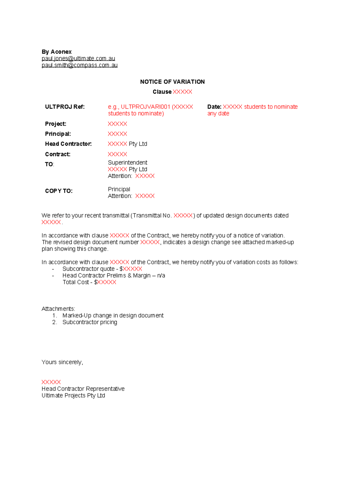 Aconex ULTPROJ Notice of Variation Template for Contract Changes - Studocu