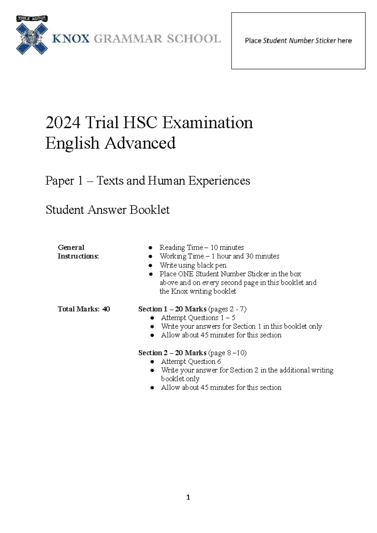 2024 HSC English Adv Paper 1: Texts & Human Experiences Answer Booklet ...