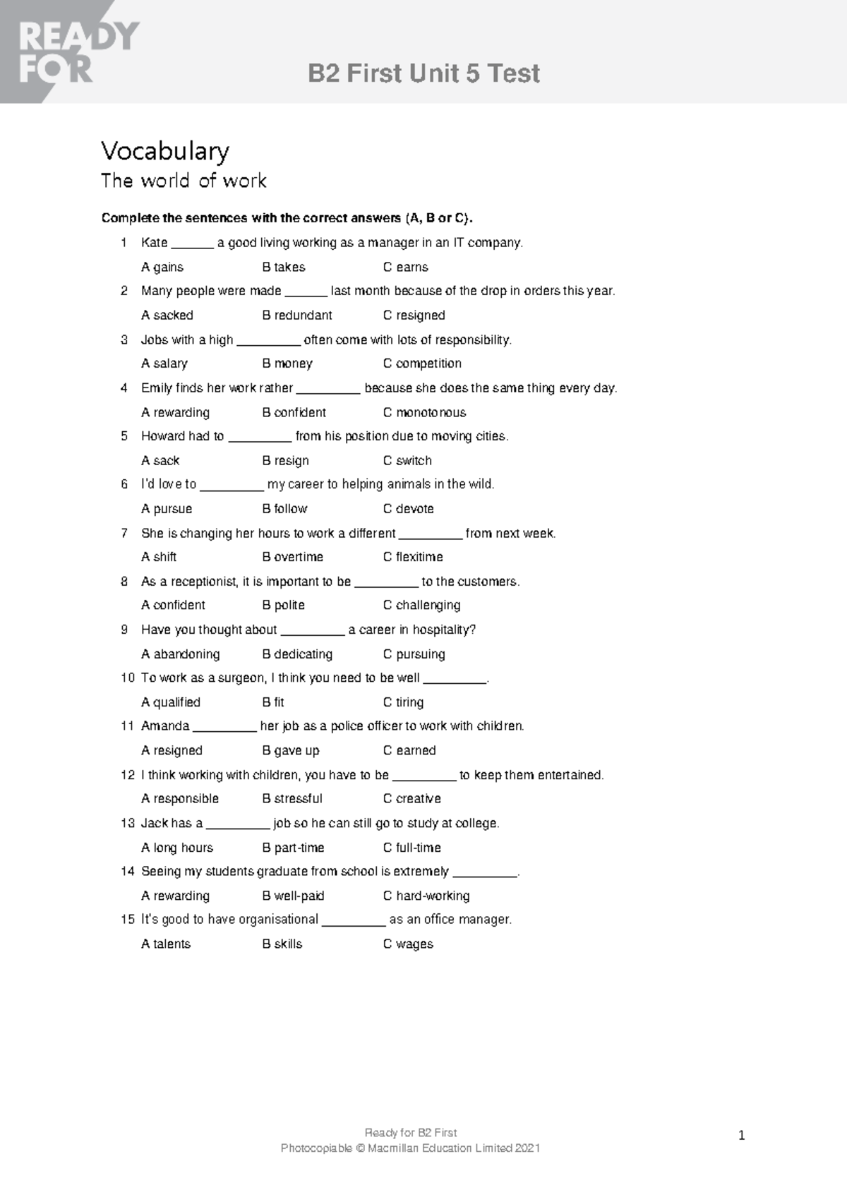 B2 First Unit 5 Test Vocabulary and Language Focus - Studocu