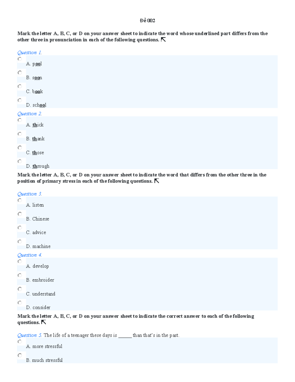 Đề 002 - Pronunciation and Stress Practice Questions for English Exam ...
