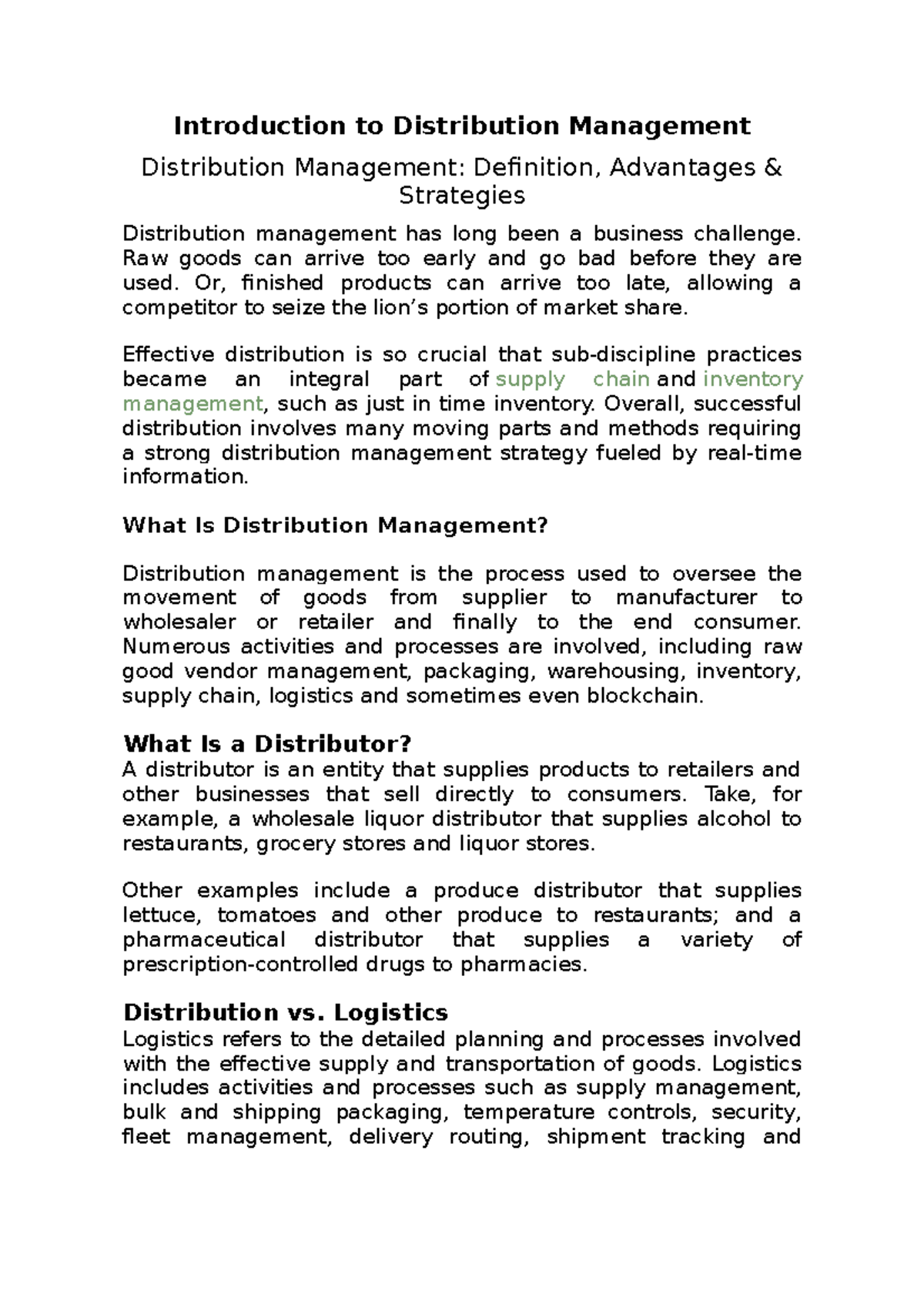 Distribution Management Overview: Strategies & Importance - Studocu