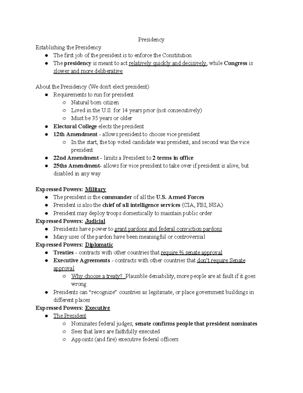 ANG Exam #2 Notes: Understanding Presidential Powers and Roles - Studocu
