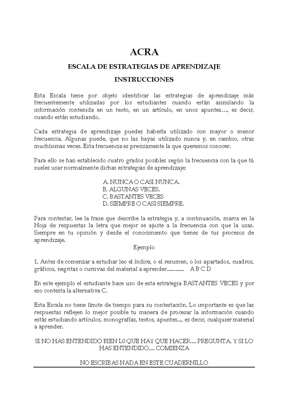 Hoja de Respuestas Escala de Estrategias de Aprendizaje (ACRA) - Edad ...