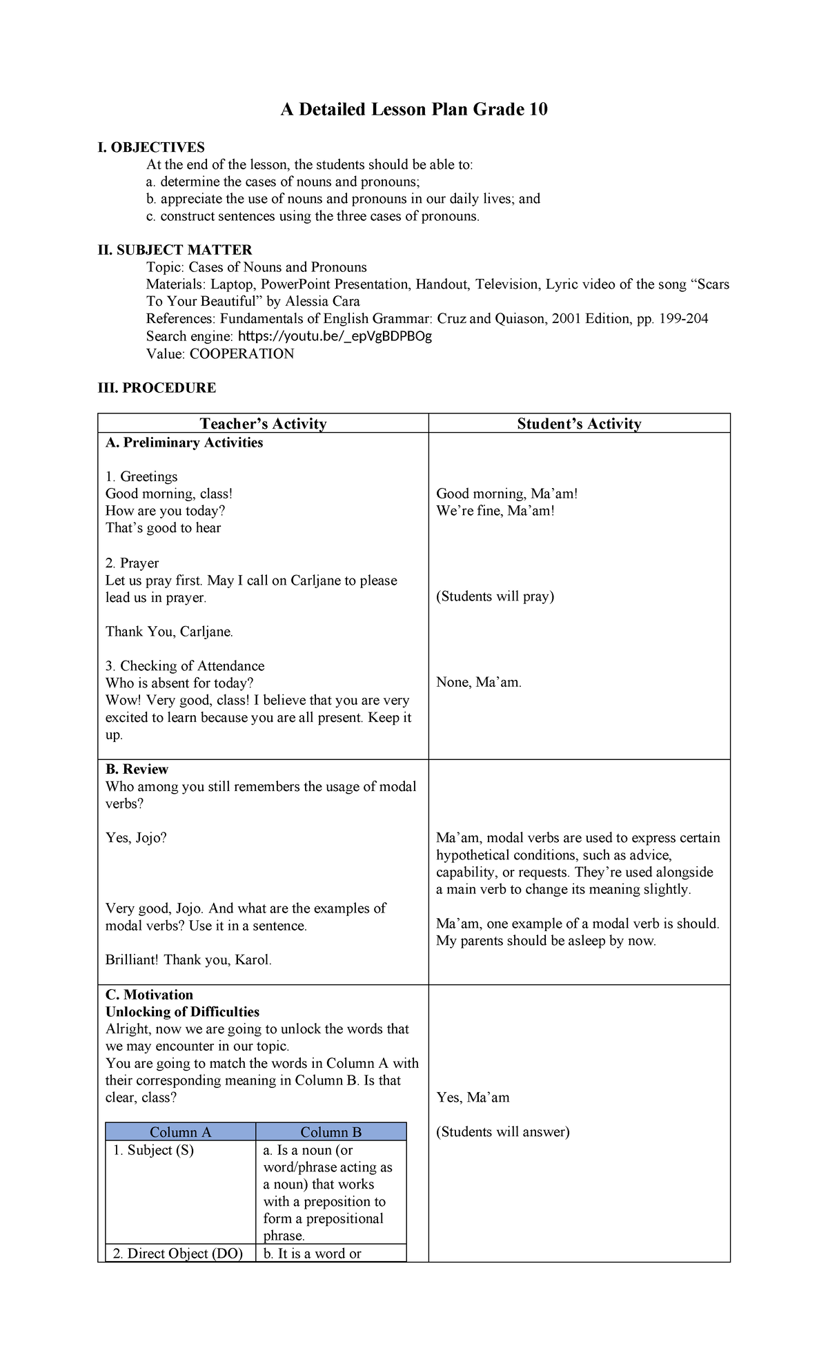 Detailed Lesson Plan for Grade 10: Noun & Pronoun Cases - Studocu