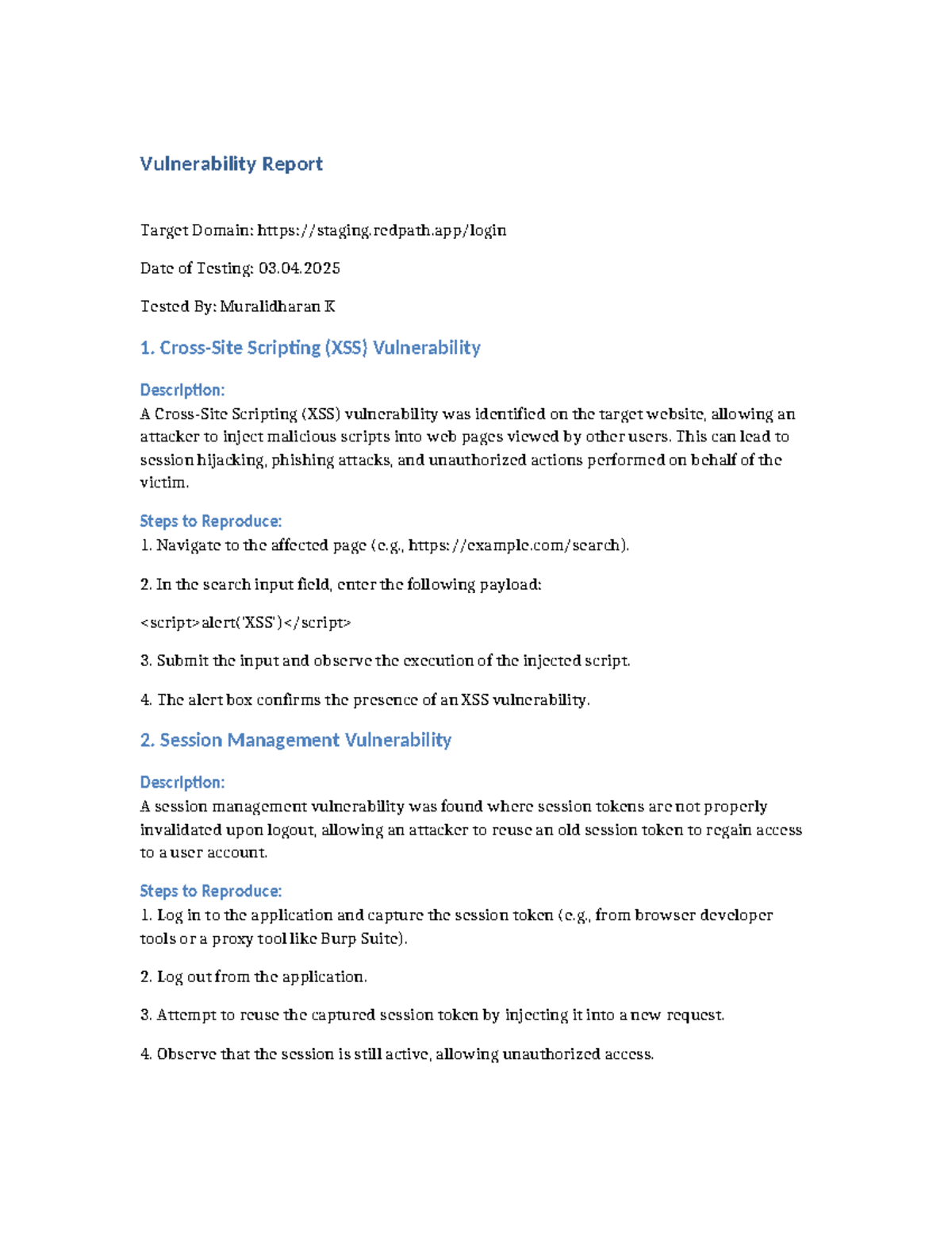Vulnerability Report - XSS & Session Management Issues (qwertyuk) - Studocu