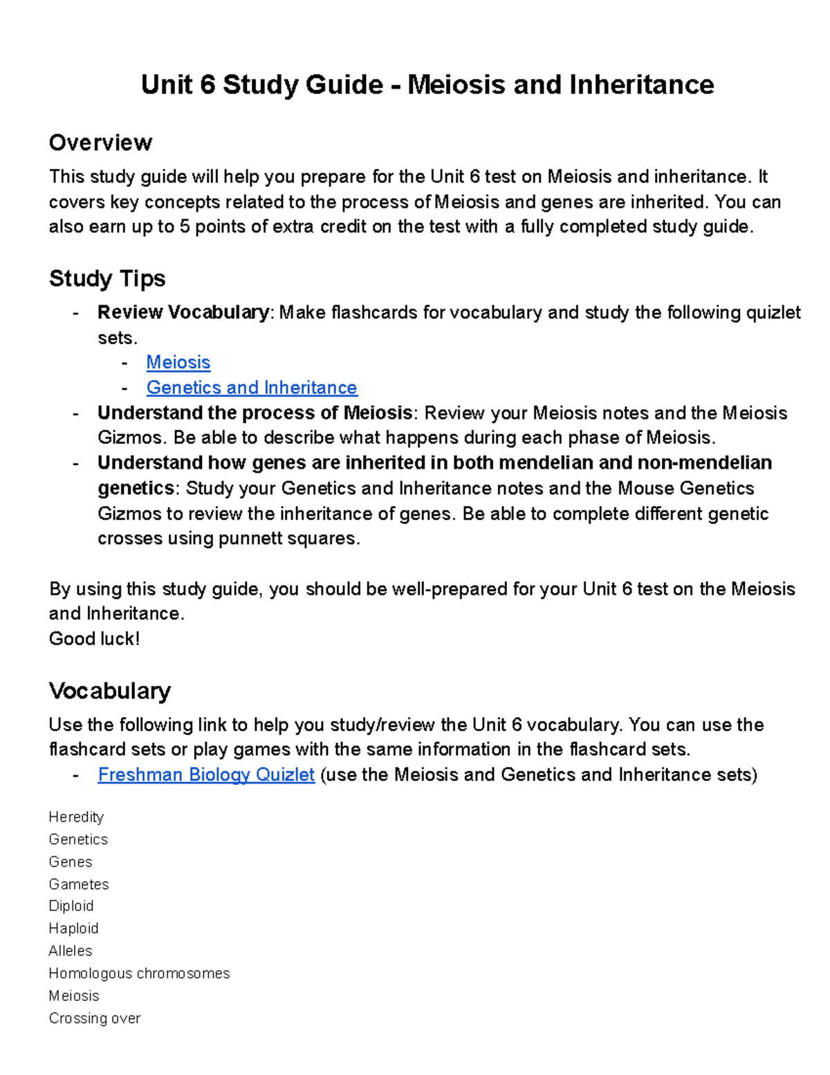 Unit 6 Study Guide - Bio - It covers key concepts related to the ...
