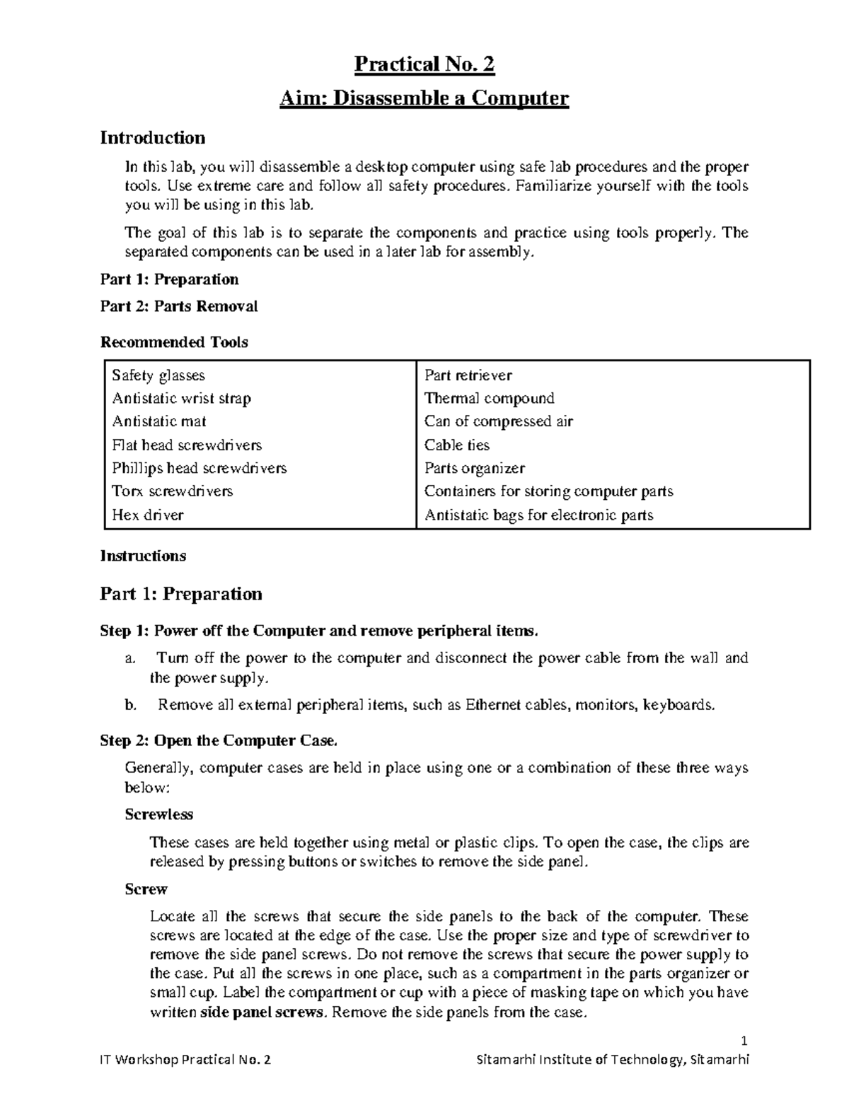 Disassemble of Computer - 1 Practical No. 2 Aim: Disassemble a Computer ...