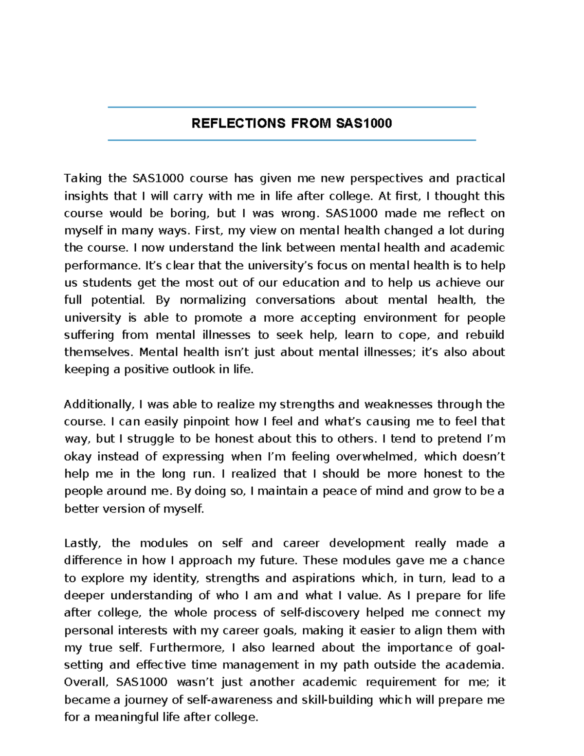 SAS1000 Reflection Paper: Insights on Self-Awareness & Growth - Studocu