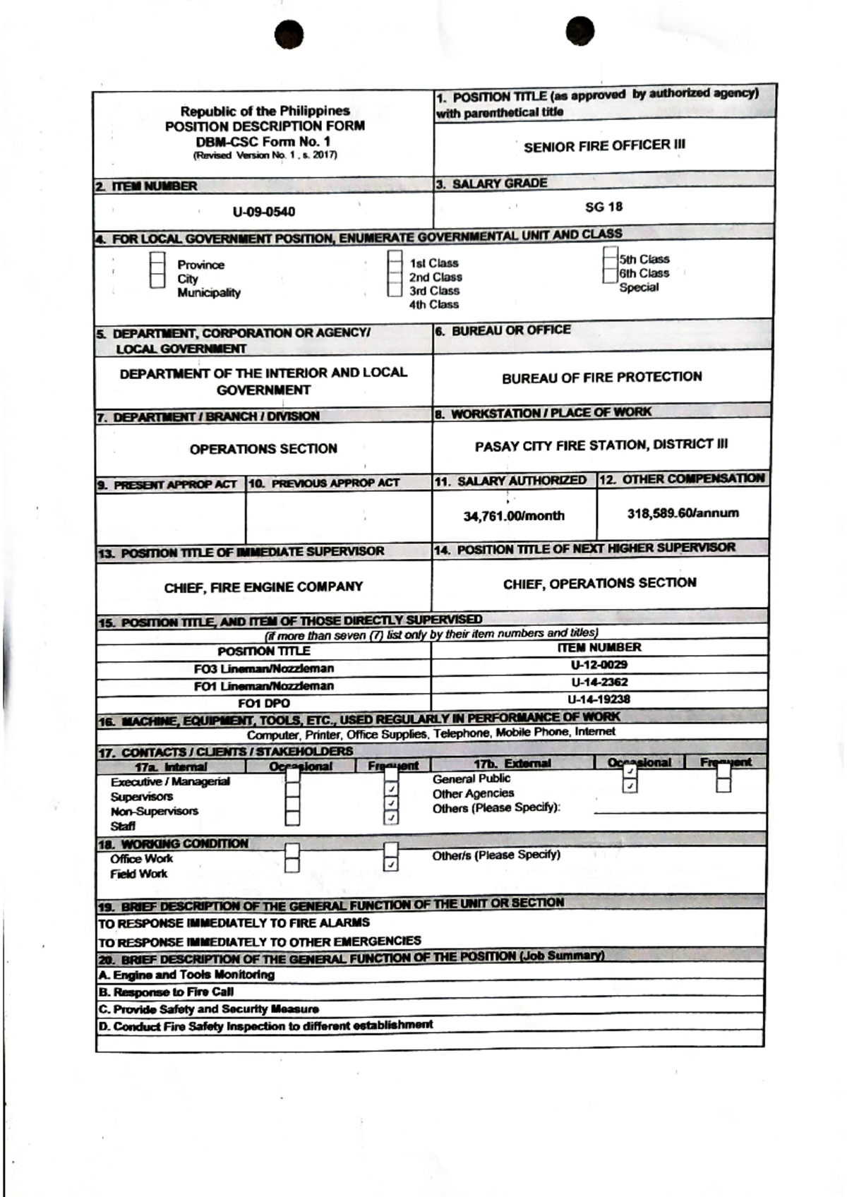 E. Position Description Form (CSC From 212) - Bachelor of Secondary ...