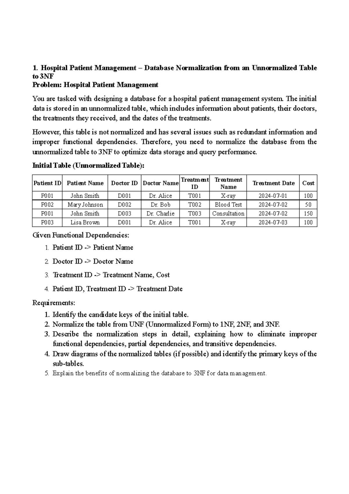 DBMS Final Exam 2: Normalizing Hospital Patient Management to 3NF - Studocu