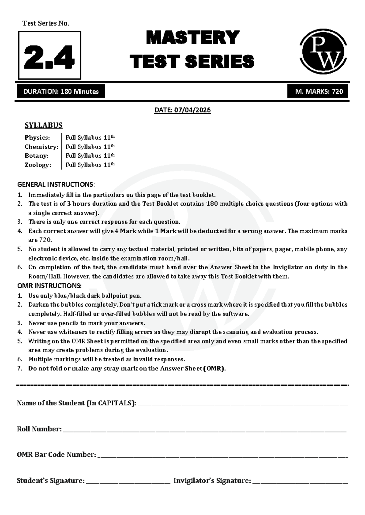 Mastery Test Series NEET 2.4 - Full Syllabus Question Paper 2025-26 ...