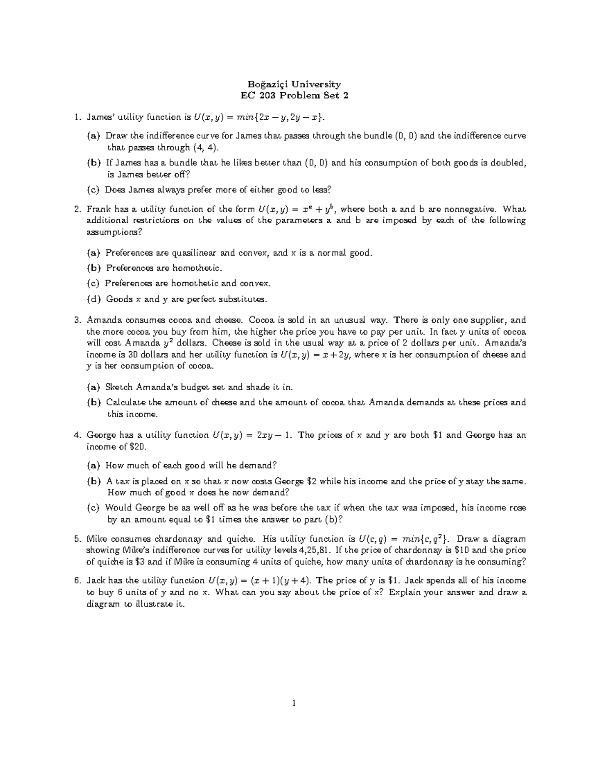 Problem Set 2 - EC 203: Utility Functions and Consumer Choices - Studocu