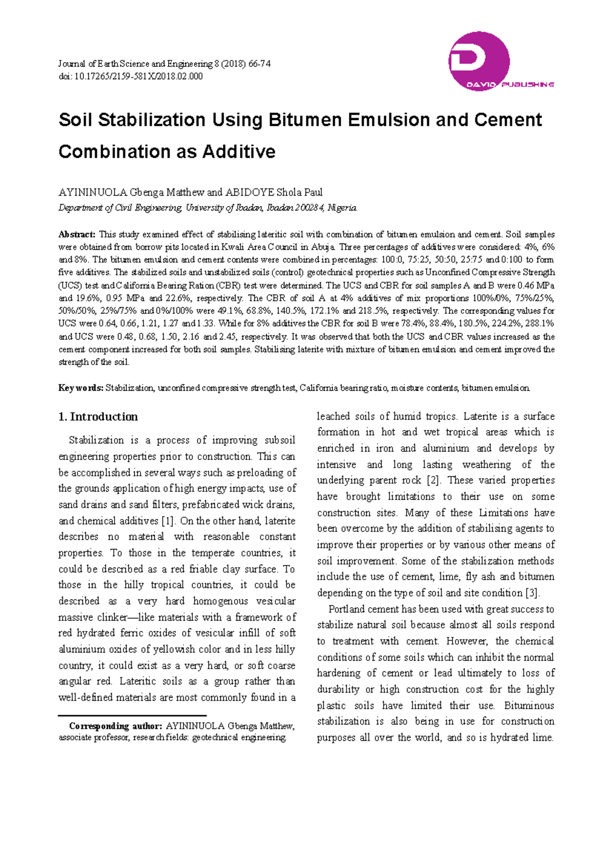 Soil Stabilization Using Bitumen Emulsion and Cement: A Study (CE 2018 ...