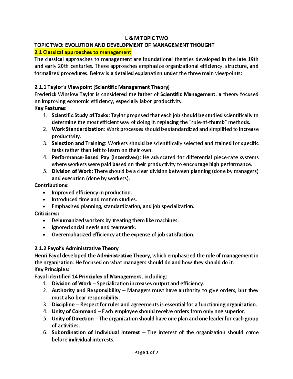 L&M 2: Evolution & Development of Management Thought - Studocu